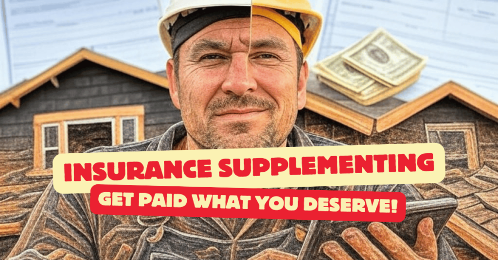 Contractor in a hard hat on a job site with a split background: a house under construction on the left and stacks of cash on the right. Text overlay reads 'Insurance Supplementing: Get Paid What You Deserve!' in bold red and yellow.